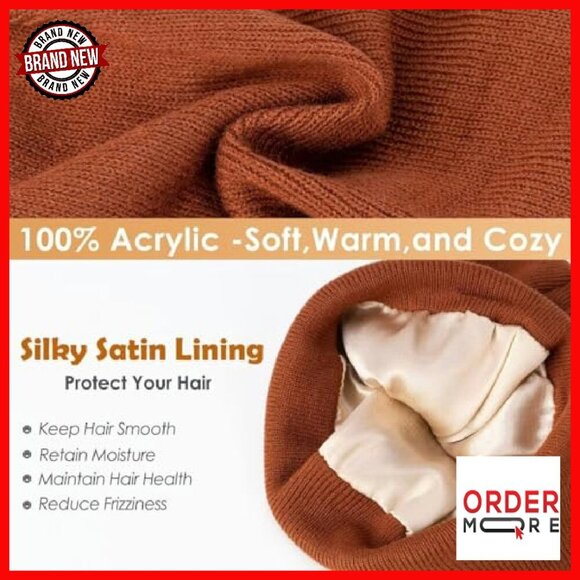 3 Pack Satin Lined Winter Beanie Hats, Ultra-Soft Acrylic, Hair Protection main image 5